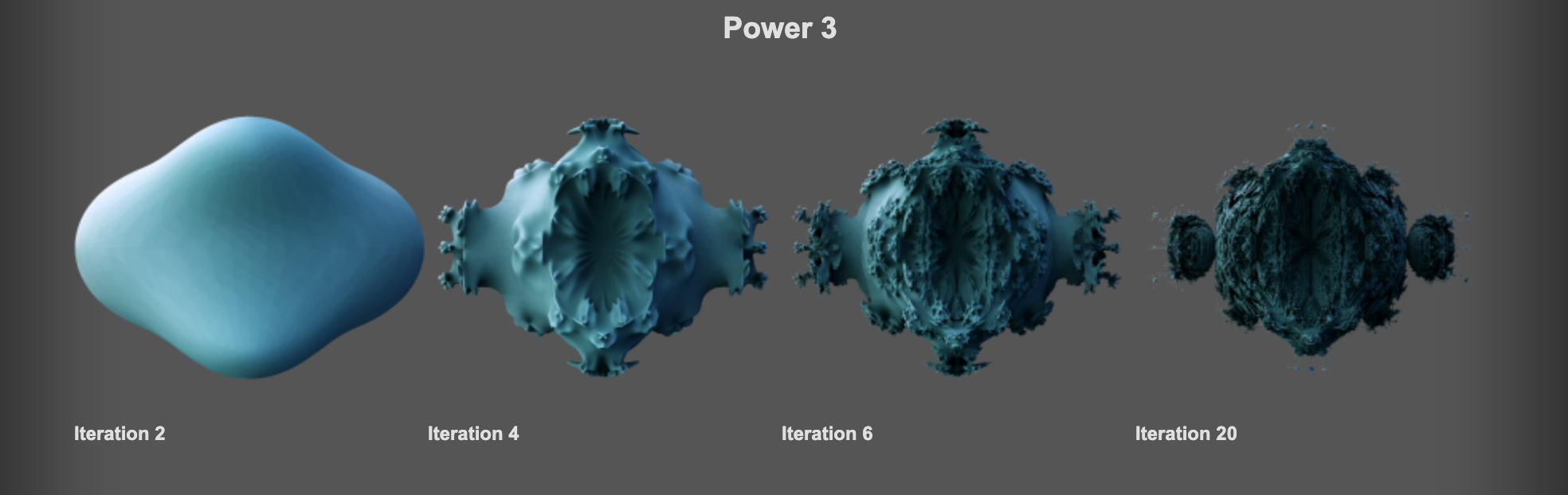mandelbulb (power 3) different iterations